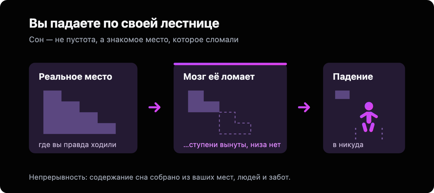 Откуда мозг берёт подробности падения: балкон, крыша, край пирса, шахта лифта, тёмный провал без дна - либо один полёт вниз без всякой обстановки. Общего для всех места нет, и доли эти наукой не подсчитаны.